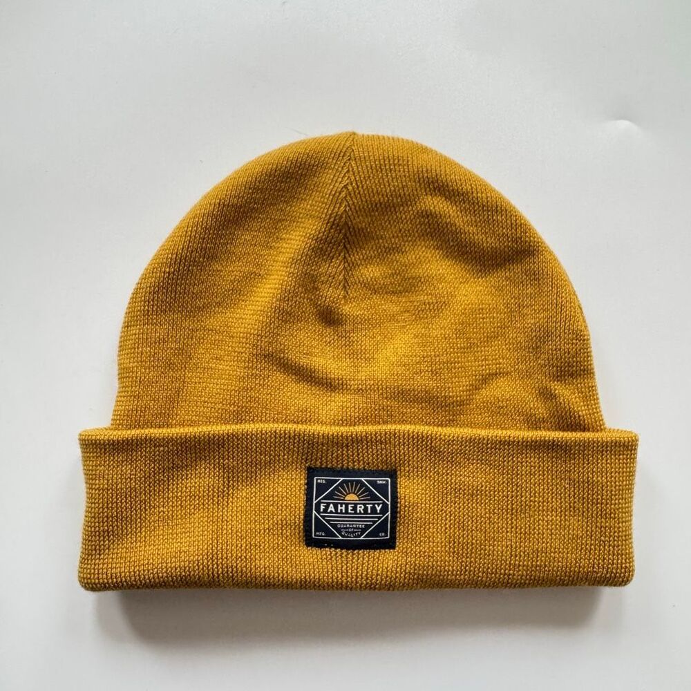 Faherty Essential Core Logo 100% Merino Wool Mustard Yellow Beanie Unisex OS